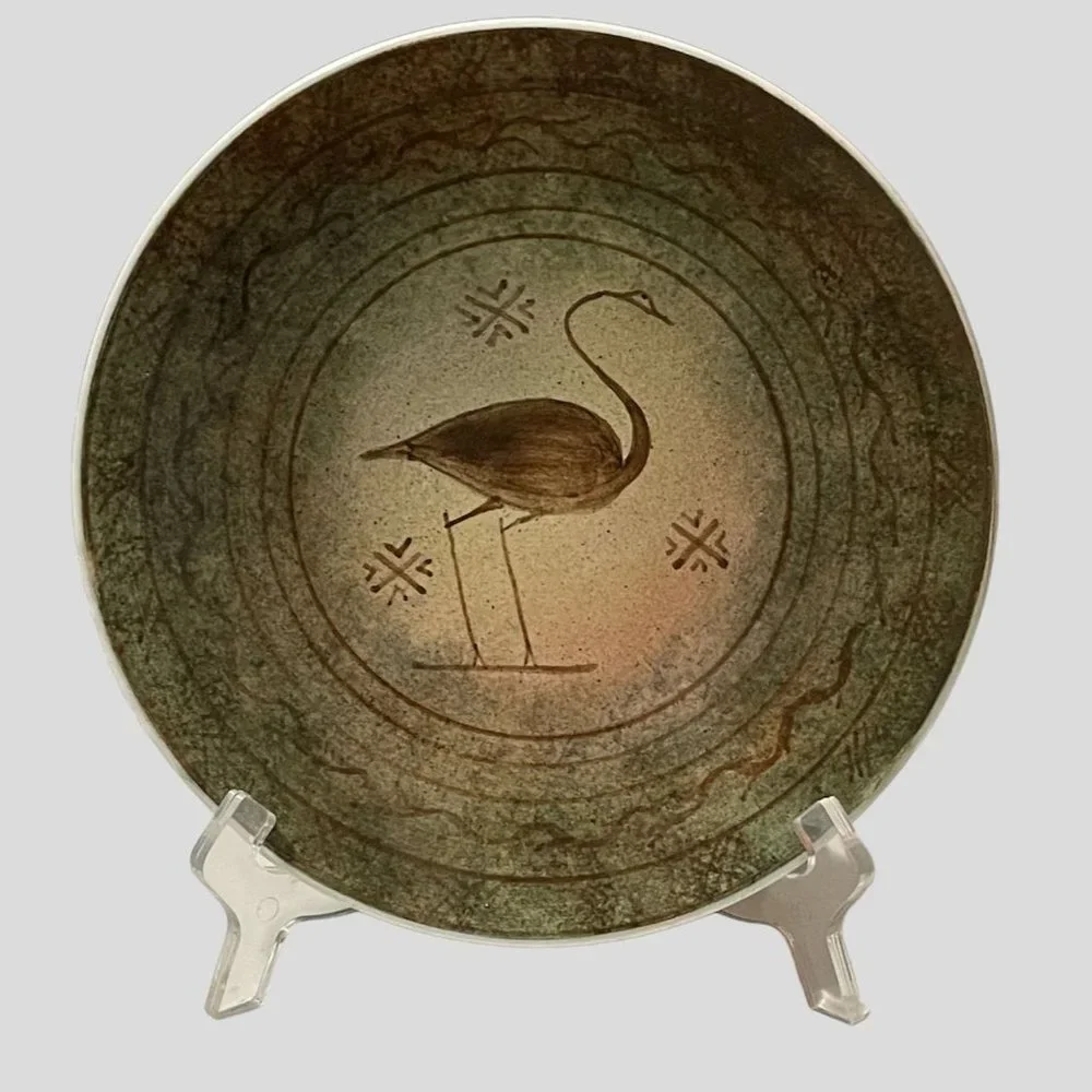 Vintage Kerameikos Aohnai Wall Plate Crane Hand Made Home Decor Pottery Greece